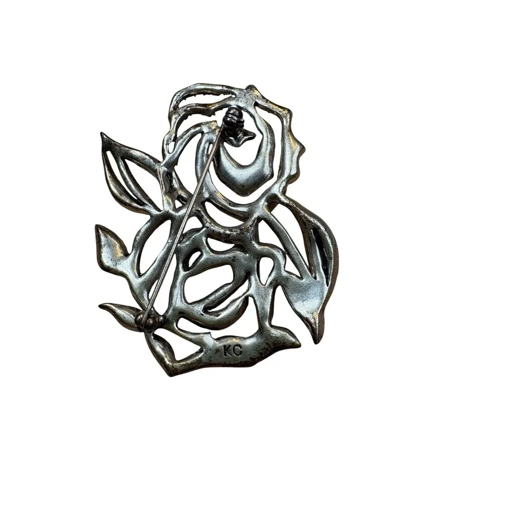 Vintage KC Gold Tone Openwork Rose Flower Brooch Pin Modernist Floral